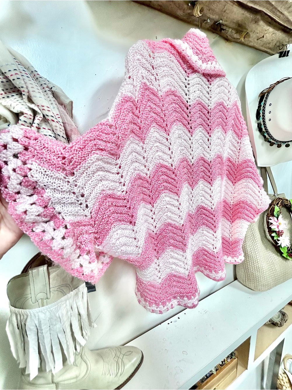 Artisan Chevron pink shrug knit boho kimono w cottagecore prairie Country vibe